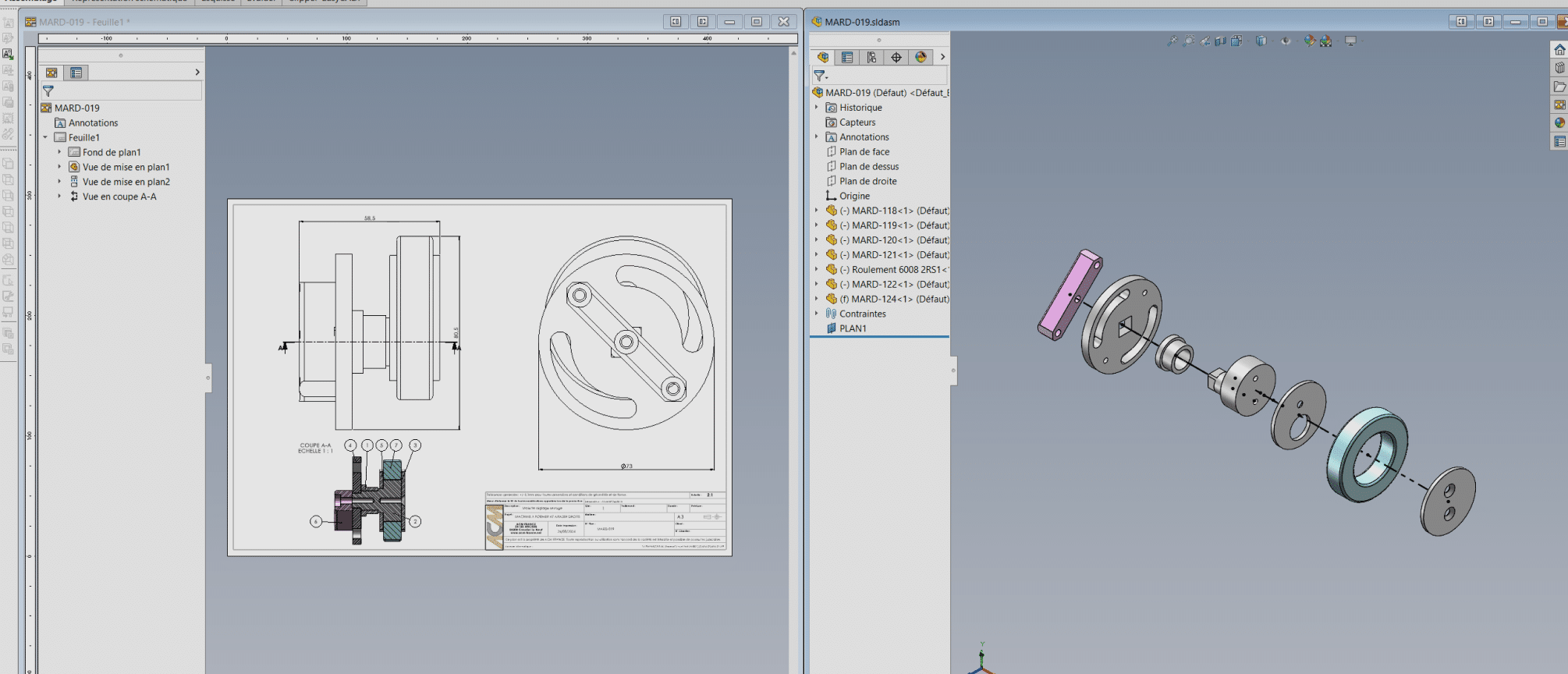 Capture d'écran d'un logiciel de conception 3D montrant un assemblage mécanique en cours de modélisation et un plan technique détaillé, utilisé par le bureau d'études d'ACM