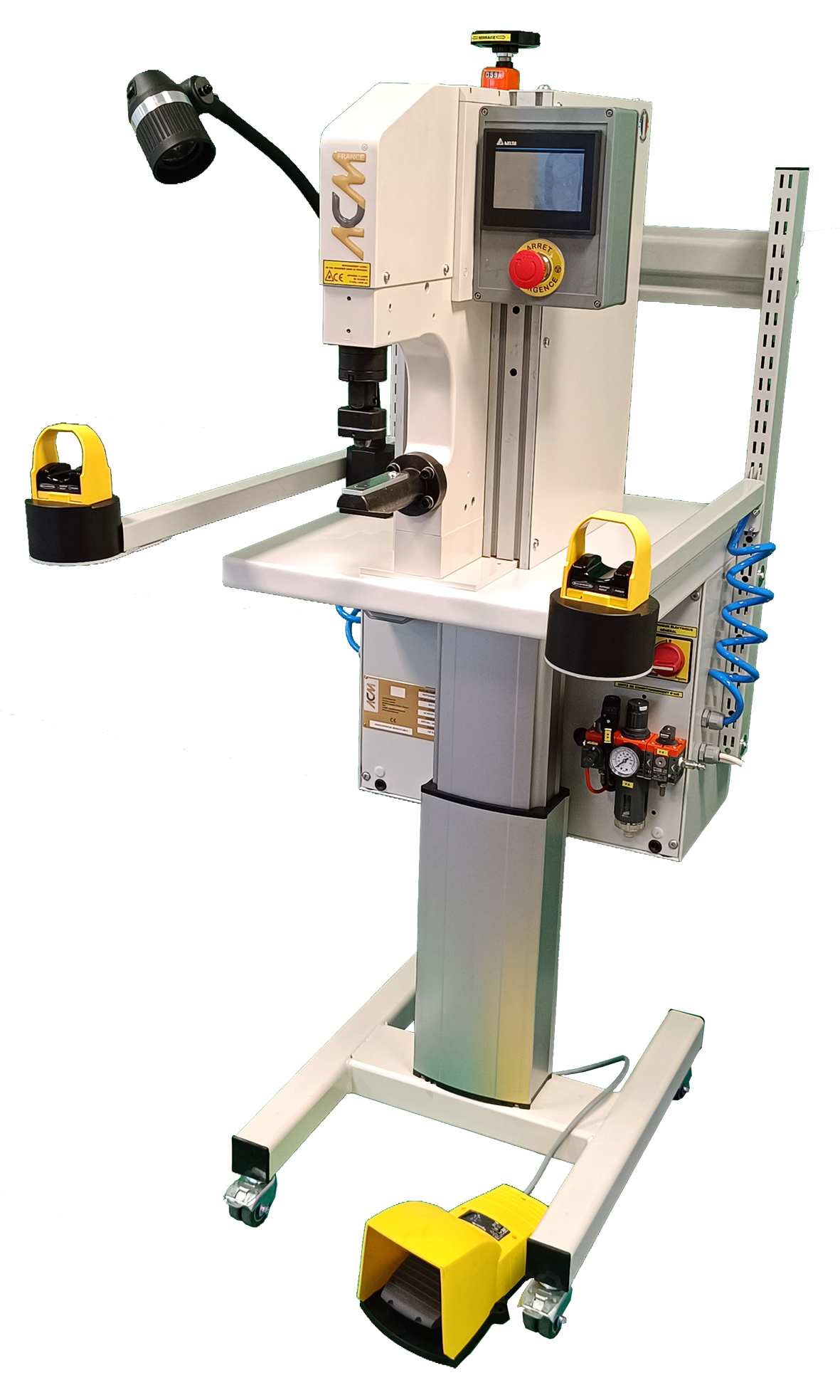 Poinçonneuse industrielle automatisée montée sur colonne réglable, équipée d’un écran de contrôle numérique et de dispositifs de sécurité.